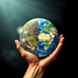 A book cover design featuring a human hand holding the planet Earth, with the Earth split in half