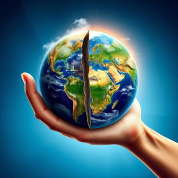 A book cover design featuring a human hand holding the planet Earth, with the Earth split in half