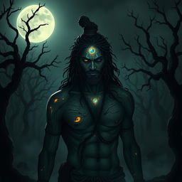 A haunting and emotional image of Ashwatthama, adorned with a shining gemstone on his forehead, cursed by Lord Krishna