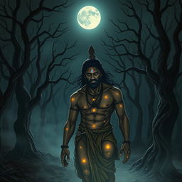 A haunting and emotional image of Ashwatthama, adorned with a shining gemstone on his forehead, cursed by Lord Krishna