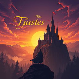 An artistic cover design for a fantasy book featuring a majestic castle atop a high cliff, surrounded by mystical forests and a glowing sunset in the background