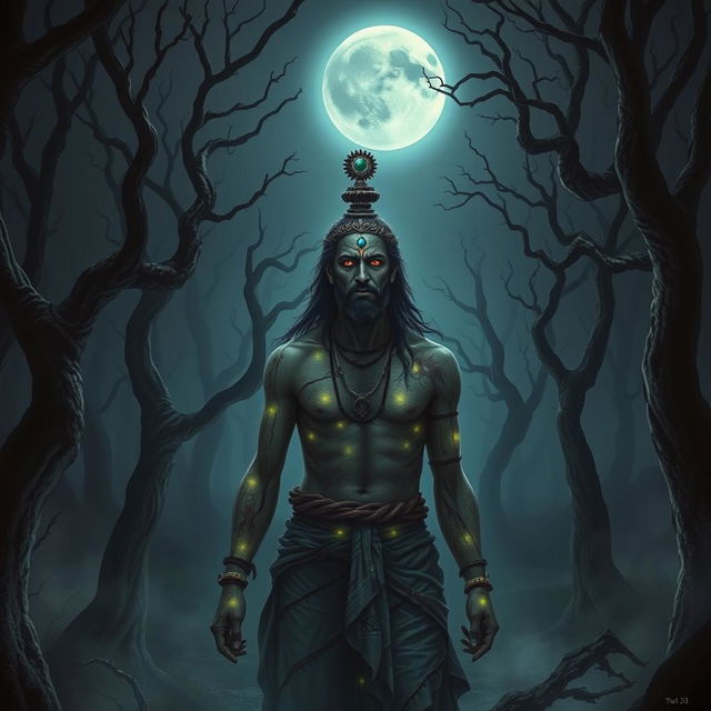 A haunting and emotional image of Ashwatthama, adorned with a shining gemstone on his forehead, cursed by Lord Krishna