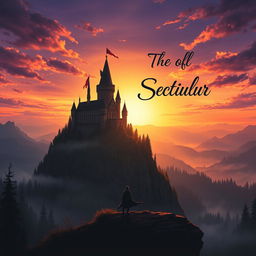An artistic cover design for a fantasy book featuring a majestic castle atop a high cliff, surrounded by mystical forests and a glowing sunset in the background