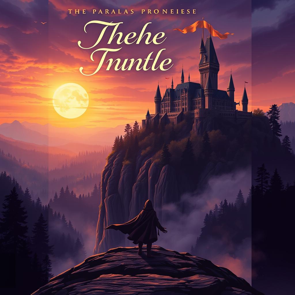An artistic cover design for a fantasy book featuring a majestic castle atop a high cliff, surrounded by mystical forests and a glowing sunset in the background