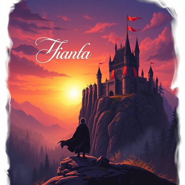 An artistic cover design for a fantasy book featuring a majestic castle atop a high cliff, surrounded by mystical forests and a glowing sunset in the background