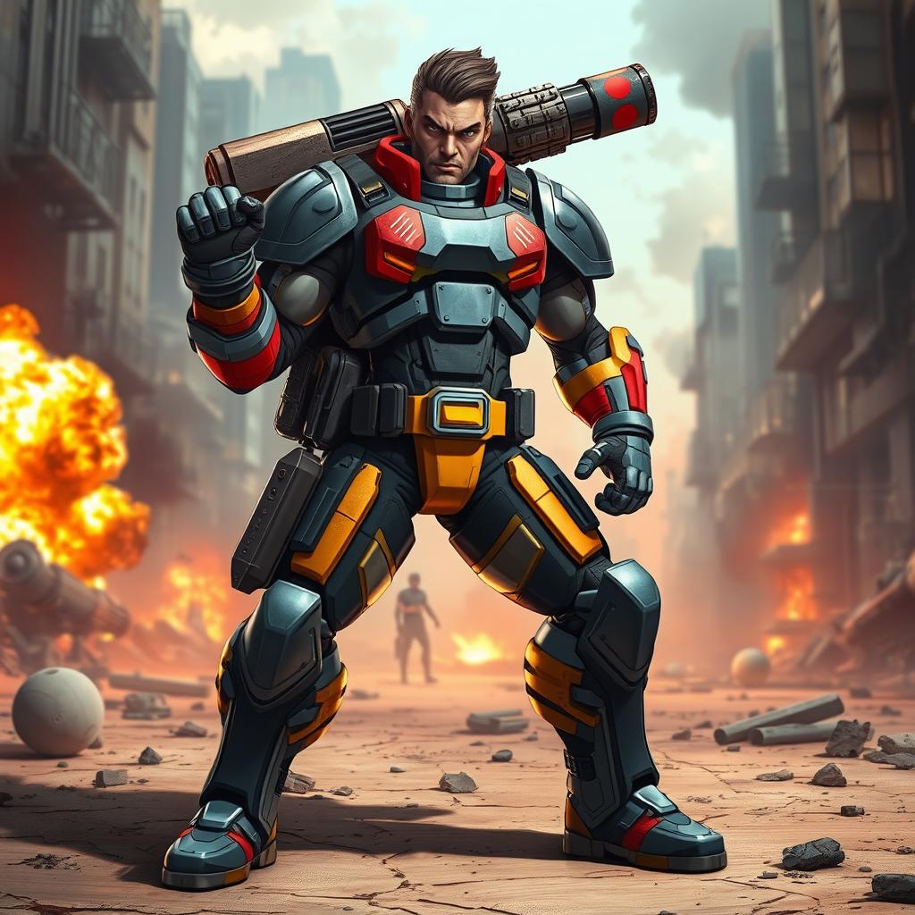 A dynamic and heroic character known as Bazoka Man, standing confidently in an epic pose