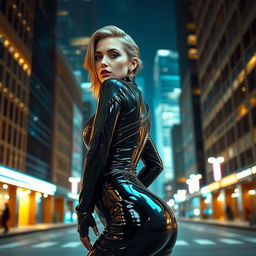 An elegant and futuristic latex outfit on a model, showcasing high-gloss texture and intricate designs