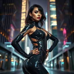 An elegant and futuristic latex outfit on a model, showcasing high-gloss texture and intricate designs