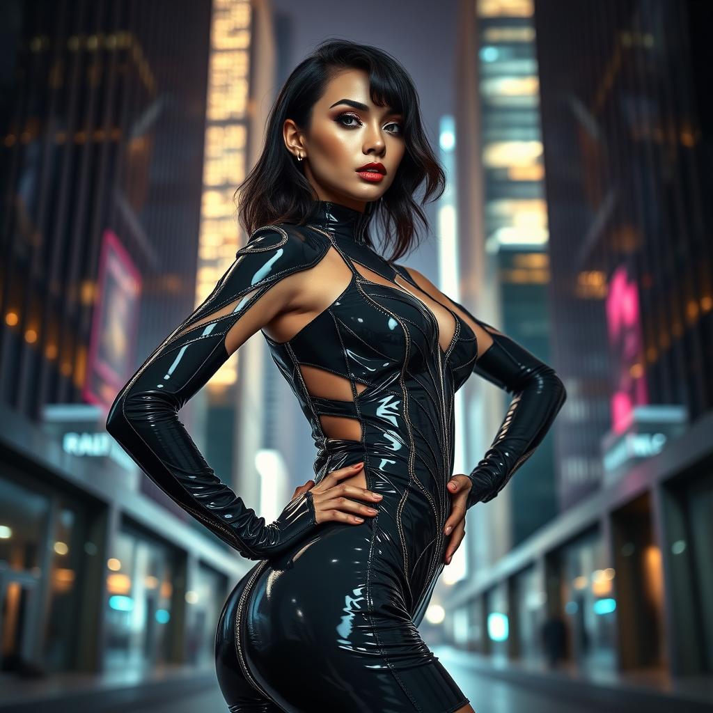 An elegant and futuristic latex outfit on a model, showcasing high-gloss texture and intricate designs