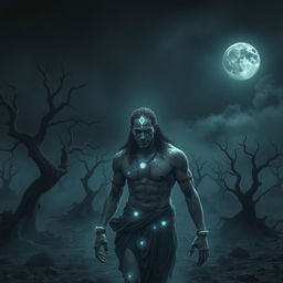 A haunting and emotional image of Ashwatthama, featuring a shining gemstone on his forehead, wandering alone in a desolate, eerie warground beneath a dark, moonlit sky