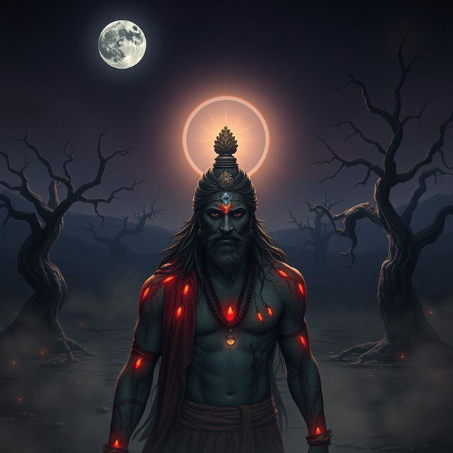 A haunting and emotional image of Ashwatthama, featuring a shining gemstone on his forehead, wandering alone in a desolate, eerie warground beneath a dark, moonlit sky