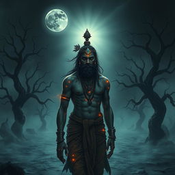 A haunting and emotional image of Ashwatthama, featuring a shining gemstone on his forehead, wandering alone in a desolate, eerie warground beneath a dark, moonlit sky