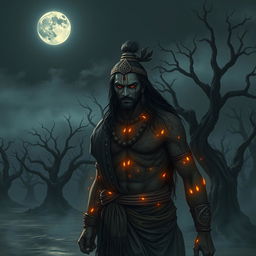 A haunting and emotional image of Ashwatthama, featuring a shining gemstone on his forehead, wandering alone in a desolate, eerie warground beneath a dark, moonlit sky
