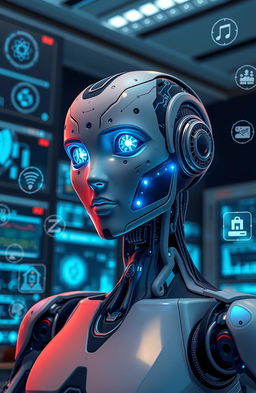 A futuristic and artistic representation of artificial intelligence, featuring a humanoid robot with glowing blue eyes, intricate circuit designs, and a captivating expression