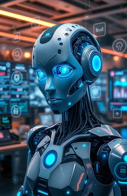 A futuristic and artistic representation of artificial intelligence, featuring a humanoid robot with glowing blue eyes, intricate circuit designs, and a captivating expression