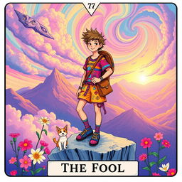 A vibrant and whimsical reinterpretation of The Fool tarot card, showcasing a young traveler standing at the edge of a cliff, surrounded by a magical and colorful landscape