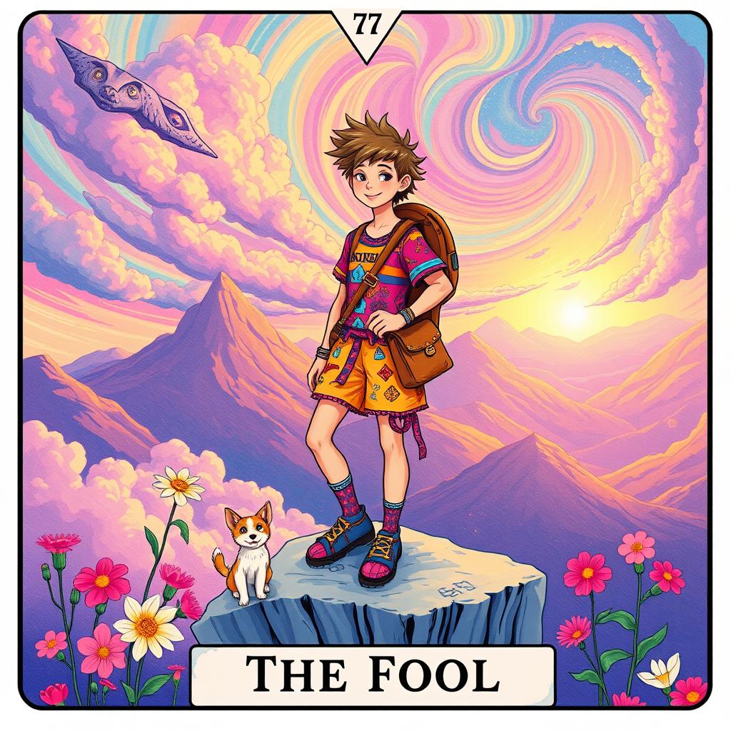A vibrant and whimsical reinterpretation of The Fool tarot card, showcasing a young traveler standing at the edge of a cliff, surrounded by a magical and colorful landscape