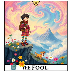 A vibrant and whimsical reinterpretation of The Fool tarot card, showcasing a young traveler standing at the edge of a cliff, surrounded by a magical and colorful landscape