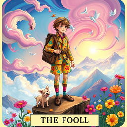 A vibrant and whimsical reinterpretation of The Fool tarot card, showcasing a young traveler standing at the edge of a cliff, surrounded by a magical and colorful landscape