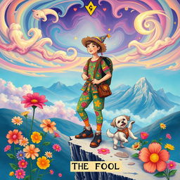 A vibrant and whimsical reinterpretation of The Fool tarot card, showcasing a young traveler standing at the edge of a cliff, surrounded by a magical and colorful landscape