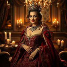 A majestic queen in a luxurious, opulent setting, adorned in a richly detailed gown with intricate patterns and jewels