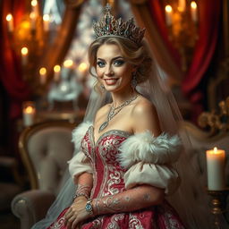 A majestic queen in a luxurious, opulent setting, adorned in a richly detailed gown with intricate patterns and jewels
