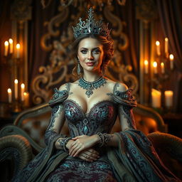A majestic queen in a luxurious, opulent setting, adorned in a richly detailed gown with intricate patterns and jewels