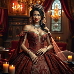 A majestic queen in a luxurious, opulent setting, adorned in a richly detailed gown with intricate patterns and jewels