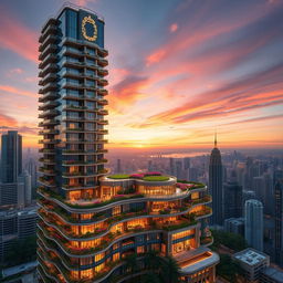 A massive 200-story skyscraper designed as a luxurious mansion, showcasing architecturally striking features with elegant balconies, intricate glass facades, and lush green terraces