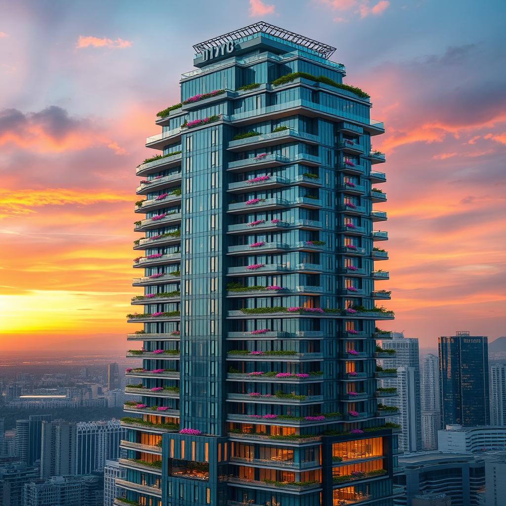 A massive 200-story skyscraper designed as a luxurious mansion, showcasing architecturally striking features with elegant balconies, intricate glass facades, and lush green terraces