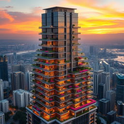 A massive 200-story skyscraper designed as a luxurious mansion, showcasing architecturally striking features with elegant balconies, intricate glass facades, and lush green terraces