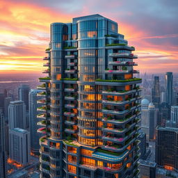 A massive 200-story skyscraper designed as a luxurious mansion, showcasing architecturally striking features with elegant balconies, intricate glass facades, and lush green terraces