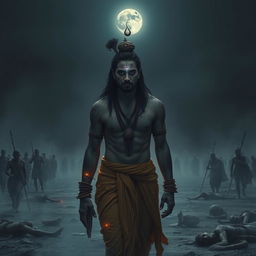 A haunting and emotional image of Ashwatthama, featuring a shining gemstone on his forehead, cursed by Lord Krishna, as he wanders alone in a desolate, eerie warground under a dark, moonlit sky