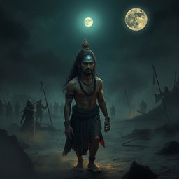 A haunting and emotional image of Ashwatthama, featuring a shining gemstone on his forehead, cursed by Lord Krishna, as he wanders alone in a desolate, eerie warground under a dark, moonlit sky