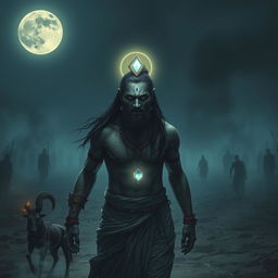 A haunting and emotional image of Ashwatthama, featuring a shining gemstone on his forehead, cursed by Lord Krishna, as he wanders alone in a desolate, eerie warground under a dark, moonlit sky
