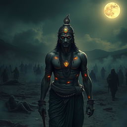 A haunting and emotional image of Ashwatthama, featuring a shining gemstone on his forehead, cursed by Lord Krishna, as he wanders alone in a desolate, eerie warground under a dark, moonlit sky