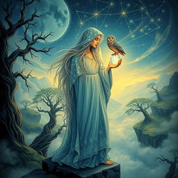 An enchanting and mystical rendition of The Fool tarot card, depicting a serene and ethereal figure standing at the edge of a precipice