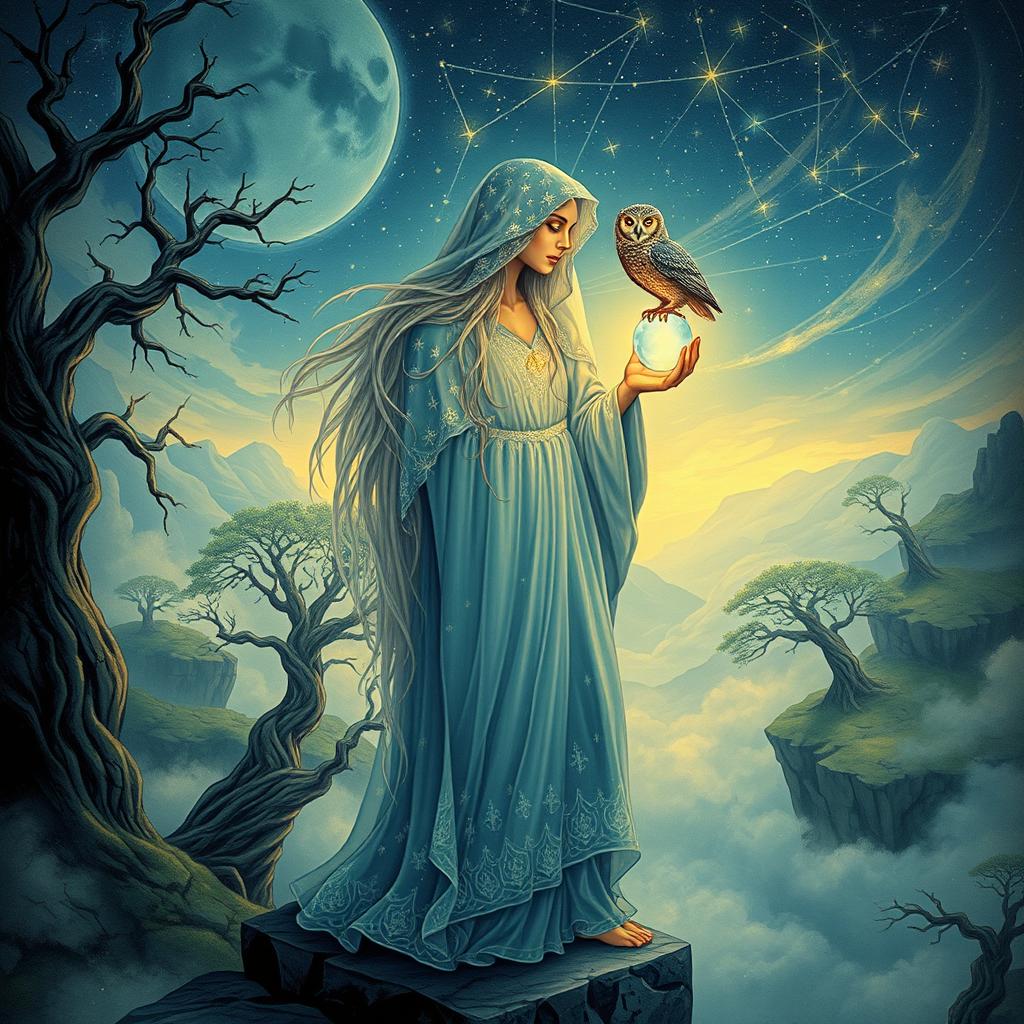 An enchanting and mystical rendition of The Fool tarot card, depicting a serene and ethereal figure standing at the edge of a precipice