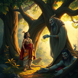 A visually stunning scene from Indian mythology depicting Vikramaditya and Betal in a lush, enchanted forest