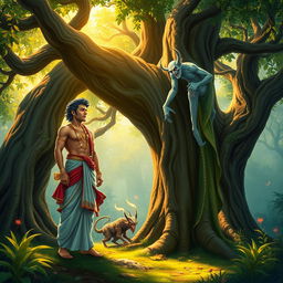 A visually stunning scene from Indian mythology depicting Vikramaditya and Betal in a lush, enchanted forest