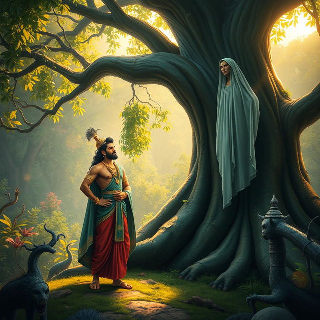 A visually stunning scene from Indian mythology depicting Vikramaditya and Betal in a lush, enchanted forest