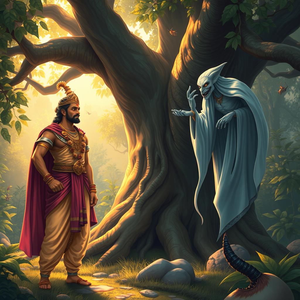 A visually stunning scene from Indian mythology depicting Vikramaditya and Betal in a lush, enchanted forest