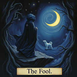 A moody and mystic depiction of The Fool tarot card, titled "The Fool" at the bottom