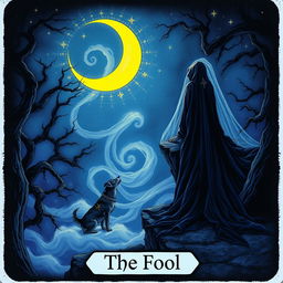 A moody and mystic depiction of The Fool tarot card, titled "The Fool" at the bottom