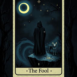 A moody and mystic depiction of The Fool tarot card, titled "The Fool" at the bottom