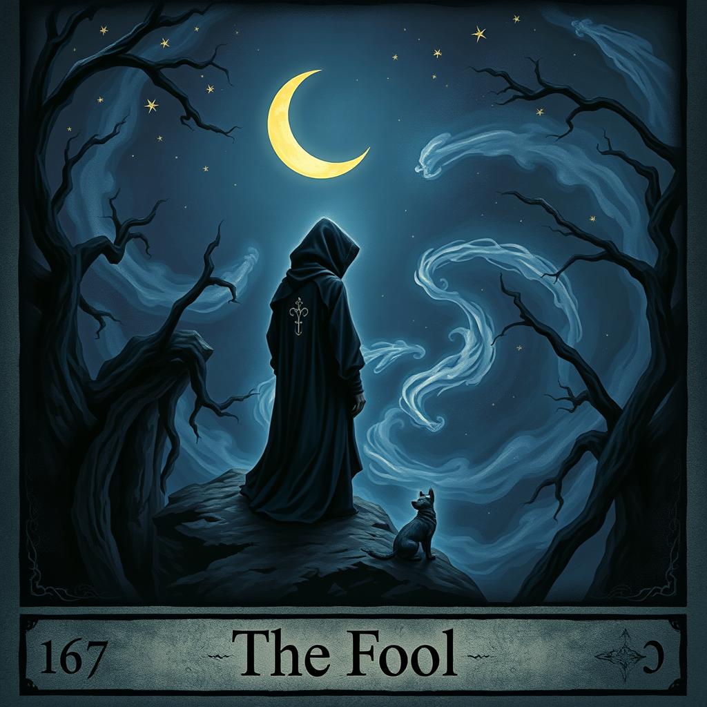 A moody and mystic depiction of The Fool tarot card, titled "The Fool" at the bottom