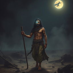 A haunting and emotional image of Ashwatthama, featuring a shining gemstone on his forehead, cursed by Lord Krishna, as he wanders alone in a desolate, eerie warground beneath a dark, moonlit sky