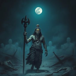 A haunting and emotional image of Ashwatthama, featuring a shining gemstone on his forehead, cursed by Lord Krishna, as he wanders alone in a desolate, eerie warground beneath a dark, moonlit sky