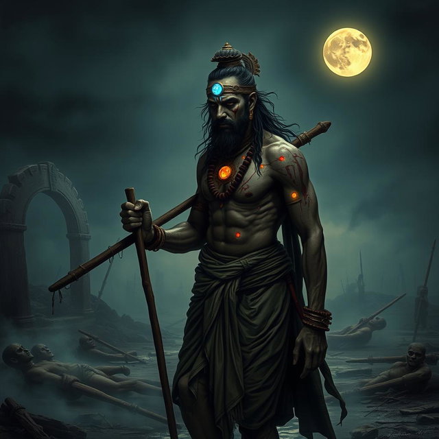 A haunting and emotional image of Ashwatthama, featuring a shining gemstone on his forehead, cursed by Lord Krishna, as he wanders alone in a desolate, eerie warground beneath a dark, moonlit sky
