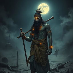 A haunting and emotional image of Ashwatthama, featuring a shining gemstone on his forehead, cursed by Lord Krishna, as he wanders alone in a desolate, eerie warground beneath a dark, moonlit sky